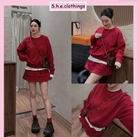 Set Bộ Nữ Nỉ Bông Đỏ 3 Món Thêu Ngựa Áo Nỉ Dài Tay Phối Áo Phông Trắng Kèm Chân Váy Chữ A Có Túi Freesize