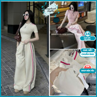 Set bộ nữ phối sọc viền basic, áo thun form ôm body kèm quần ống suông có dây rút chất liệu cotton