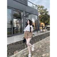 Set bộ nữ quần bí kẻ caro xinh xắn phối áo thun trơn đơn giản, dễ phối đồ