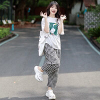 Sét bộ nữ Quần dài kẻ Caro Áo thun Cotton in hình, Đồ bộ mặc nhà Nữ Quần dài, áo ngắn tay dể thương