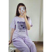 Sét bộ nữ Quần dài kẻ Caro Áo thun Cotton ngắn tay in hình, Đồ bộ mặc nhà Nữ Quần dài, áo ngắn tay dể thương