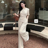 set bộ nữ sang chảnh,áo cộc tay nữ in chữ trước ngực thiết kế rúm eo mix quần suông ống rộng siêu hot B423