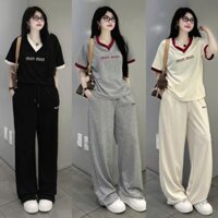 Sét Bộ nữ Sét áo Phông In chữ cổ Tim Phối quần Ống rộng Mặc thoải mái cho các nàng diện