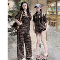 Sét Bộ nữ Sét LV Áo Phông Cổ tròn Phối quần ống rộng Tôn dáng cho các nàng diện mùa hè