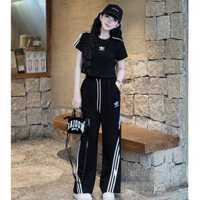 Sét Bộ nữ Sét Thể thao Adidas Áo Thun Phối quần Hoạ tiết kẻ Siêu xinh Tôn dáng cho nữ Đen Đỏ mận