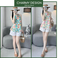 Set Bộ Nữ Summer Thiết Kế Áo Sát Nách Kèm Quần Short Năng Động, Bộ Đồ Nữ Vải Thô Đũi Họa Tiết Trẻ Trung Charmy Design
