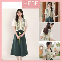 Set bộ nữ Taku áo vải thổ cẩm mix chân váy kaki cạp chun mềm mát, bộ đồ nữ ngắn tay vintage trẻ trung thời trang HEBE