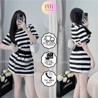 Set bộ nữ thun thiết kế tay ngắn in sọc trắng đen,áo croptop mix váy ngắn thể thao năng động, phù hợp đi dạo, đi chơi