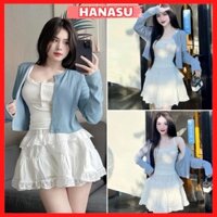 SET bộ nữ tiểu thư gồm 3 món áo 2 dây phối áo khoác cardigan xanh mix chân váy dáng xoè ngắn trẻ trung B499 - HANASU