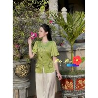 Set bộ phap phục nữ thời trang áo gấm cổ tròn nút bọc quần dài chất vải tuyết nhung,