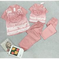 Set bộ pijama mẹ và bé áo cộc quần dài chất lụa xước cao cấp, Kitty Hồng đậm