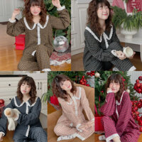 SET BỘ PIJAMAS KẺ CARO PHỐI REN TIỂU THƯ MÀU SẮC TRENDY, DÁNG TAY DÀI QUẦN DÀI HOT HIT THU ĐÔNG 2024
