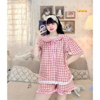 Set Bộ Pizama Caro Áo Tay Ngắn Viền Ren Phối Quần Short Đùi Lưng Chun