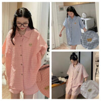Set Bộ Pyjama Kẻ Caro, Bộ Đồ Mặc Nhà Kẻ Caro Form Rộng Phong Cách Hàn Quốc Siêu Xinh