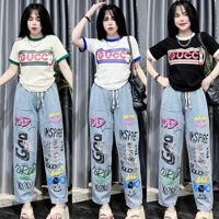 SÉT BỘ QCCC ÁO THUN (gc chữ) phối quần baggy jean nữ in hình fom rộng nữ