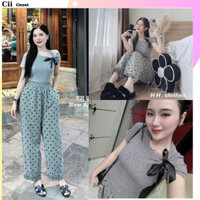 Set bộ quần áo nữ gồm áo thun trơn thắt nơ vai mix cùng quần dài ống suông chấm bi