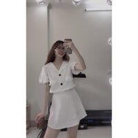 Sét bộ quần áo nữ, set croptop cổ vest tay bồng kèm chân váy sang chảnh chất đũi 2 màu nâu/trắng