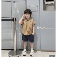 Set bộ quần áo sơ mi cộc tay Beemo vải thô cổ đức in chữ Enjoy mặc đi học, đi chơi cho bé trai 9-23kg 22168B