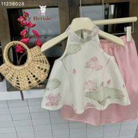 set bộ quần áo yếm lụa xòe hoa sen hồng xinh xắn dễ thương xuân hè thoải mái cho bé gái dạo phố 80-130cm (9-23kg)