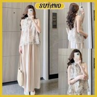 Set bộ quần áo yếm set bộ yếm voan tơ họa tiết hoa kèm quần suông đũi mềm tiểu thư sang chảnh B402 SUTANO