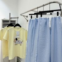 set bộ quần dài áo cotton vàng mix xanh caro
