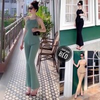 Set Bộ Quần Dài Ống Loe Kèm Áo Yếm Hở Lưng Có Mút Chất Thun Gân Chính Phẩm Thích Hợp Mặc Đi Tiệc Đi Làm Đi Chơi