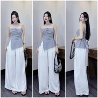 Sét bộ quần dài thời trang nữ mặc đi chơi chất đũi vân mây áo cúp ngực đai cổ phối quần suông 2 lớp xám trắng