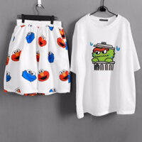 Sét bộ quần đùi trắng hình thú xanh đỏ kèm áo phông in 5d