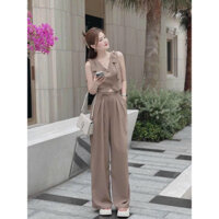 Set bộ quần ống rộng suông xếp ly cột dây kèm áo cổ V sát nách chất COTTON LẠNH mặc diện phố