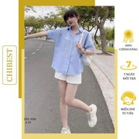 Set bộ quần short nữ áo sơ mi sọc nhuyễn tay ngắn trắng CHIBEST HSB33