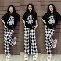 sét bộ quần suông kẻ sọc kèm áo cotton in  hình báo hồng pc