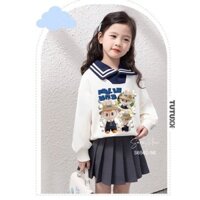 Set bộ Sara Min Labubu áo cổ thủy thủ + chân váy xếp ly bé gái size 2-12y
