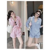 Set bộ sơ mi nữ kẻ thêu kèm quần sooc Set đồ nữ áo sơ mi dài tay mix quần short đùi thêu gấu thời trang m138