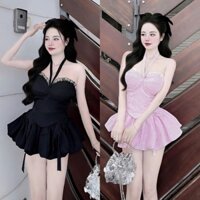 Set Bộ Sọc Dọc Áo Yếm Cúp Phối Ren Croptop + Chân Váy Bí Phồng Đính Nơ