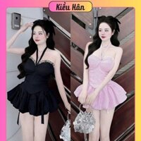 Set Bộ Sọc Dọc Áo Yếm Cúp Phối Ren Croptop + Chân Váy Bí Phồng Đính Nơ