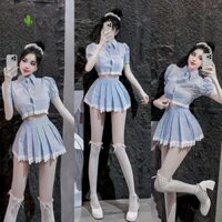 Sét bộ sọc xanh , áo sơ mi croptop thêu chữ meo meo bên ngực , đáy ren , phối chân váy xếp ly đáy ren cực hot