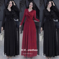 Set Bộ Tăm Lạnh Áo Thun Cổ Bèo Tay Dài + Chân Váy Dài Xuông Siêu Rộng Lưng Chun