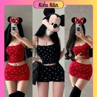 Set Bộ Tăm Lạnh In Nơ Nhí Sexy Áo Hai Dây Viền Ren Croptop + Chân Váy A Có Lót Quần Hai Màu Đen Đỏ