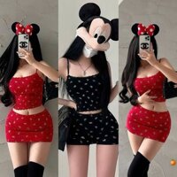 Set Bộ Tăm Lạnh In Nơ Nhí Sexy Áo Hai Dây Viền Ren Croptop + Chân Váy A Có Lót Quần Hai Màu Đen Đỏ