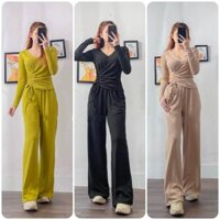 Set Bộ Tăm Lạnh Quảng Châu Áo Thun Rút Eo Tay Dài Phối Quần Ống Rộng Cao Cấp - Hồng Nhi Store's