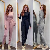 Set Bộ Tăm Lạnh Quảng Châu Áo Thun Croptop Tay Dài Phối Quần Thun Baggy Cao Cấp - Hồng Nhi Store's