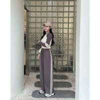 Set bộ tăm lạnh tay dài chạy viền croptop phối quần dài ống suông tôn dáng sang trọng cho phái nữ