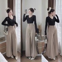 Set bộ thanh lịch, đơn giản cho nàng đi chơi, đi làm cực xinh, set áo đen cổ tim tay dài phối quần ống rộng màu nâu tây