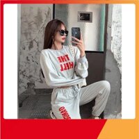 SET BỘ THỂ THAO ÁO CROPTOP NỈ DÀI TAY RÚT DÂY THE HELL MIX QUẦN JOGGER MONSTER ĐEN XÁM