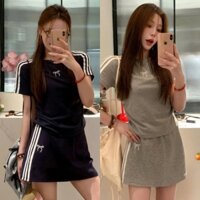 Set Bộ Thể Thao Borip Áo Thun Tay Ngắn Viền Sọc In Nơ + Chân Váy A Viền Sọc Có Lót Quần