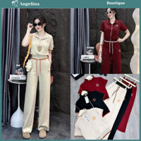 Set bộ thể thao chữ H nữ gồm áo thun cộc tay khoá kéo form dáng đẹp mix quần dài ống suông sang chảnh