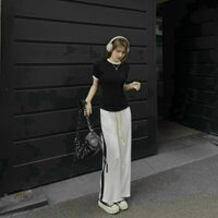 Set bộ thể thao thời trang nữ chất thun tăm gân cổ tròn tay ngắn quần dài lưng thun dây rút ống đứng chạy viền sọc maxi