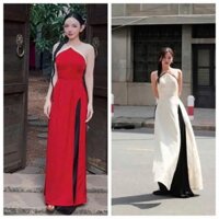 Set bộ thiết kế 2 màu siêu tôn dáng cho nàng chụp ảnh, du xuân cực xinh,set áo cổ yếm phối vòng kiềng xẻ tà + quần suông