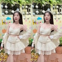Set bộ thiết kế áo bra 2 dây kèm áo khoác voan tơ tay dài phối chân váy xòe form ngắn xếp tầng cho nàng đi chơi, đi biển