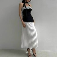 Sét bộ thiết kế áo peplum cúp ngực cột dây phối bèo(có mút) kèm chân váy voan dập ly.